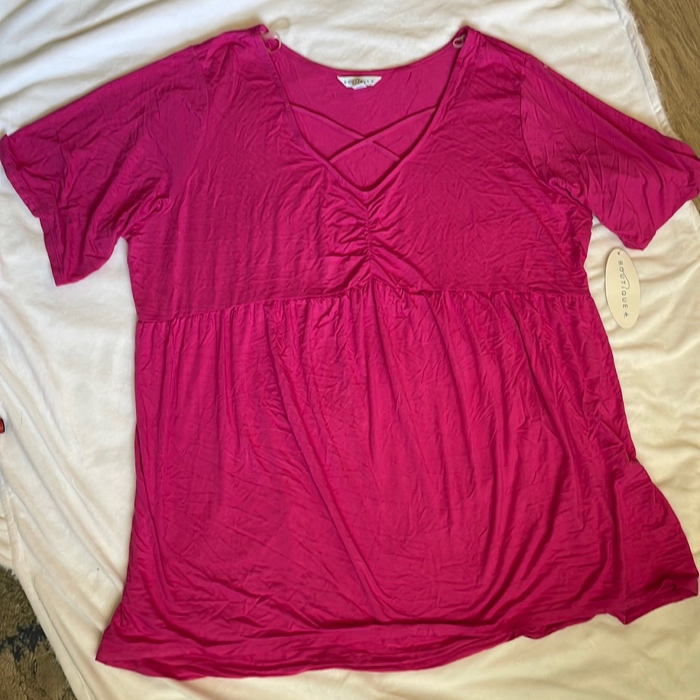 Cute pink plus size shirt v neck with cute cinched details boutique brand
